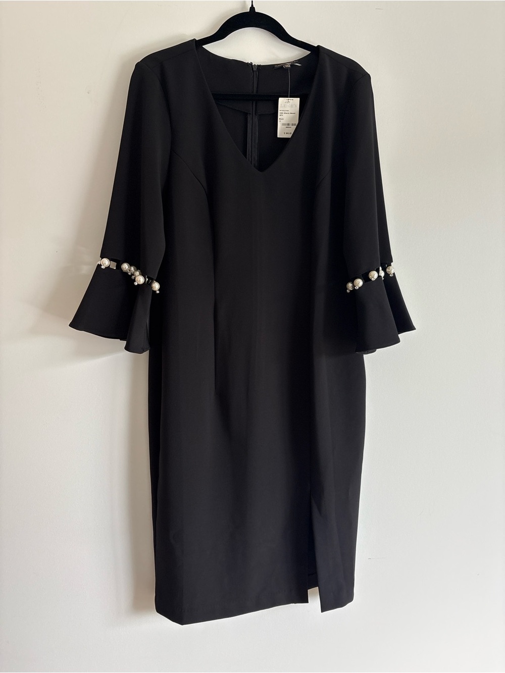 Alberto Makali Black Midi Dress with Pearl-Trim Bell Sleeves